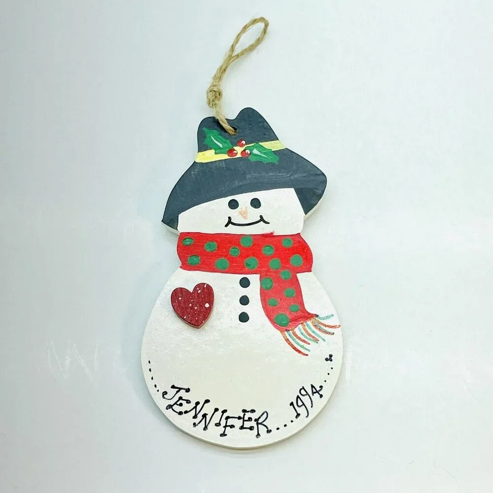 Vintage Christmas Ornament Snowman Scarf  Wood Handmade Hand Painted Dated 1994